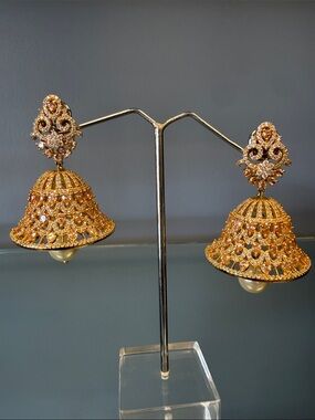 Gold Jhumka Earrings with Pearl Drop - Women Jewelry